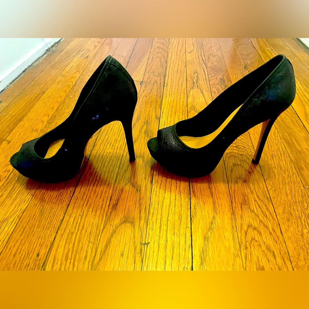 Schutz black sequined peep toe heels